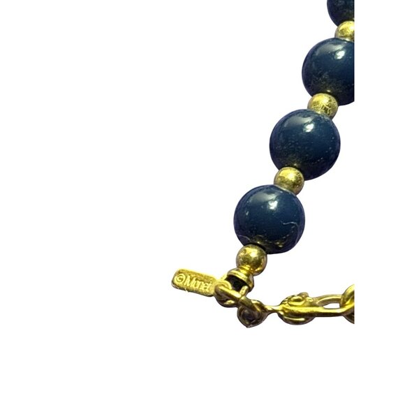 Vintage Monet Plastic Beaded Necklace Navy Blue Goldtone 24 inches Long - Picture 2 of 2